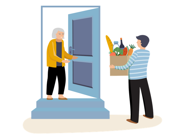 Man giving groceries to old woman  Illustration