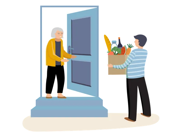 Man giving groceries to old woman  Illustration