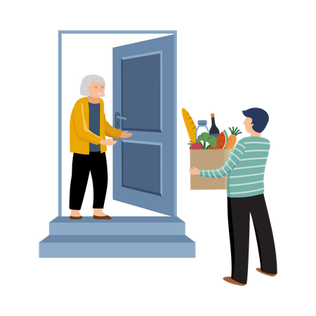 Man giving groceries to old woman  Illustration