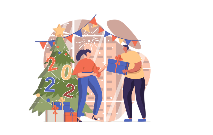 Man Giving New Year Gifts To Girl Illustration