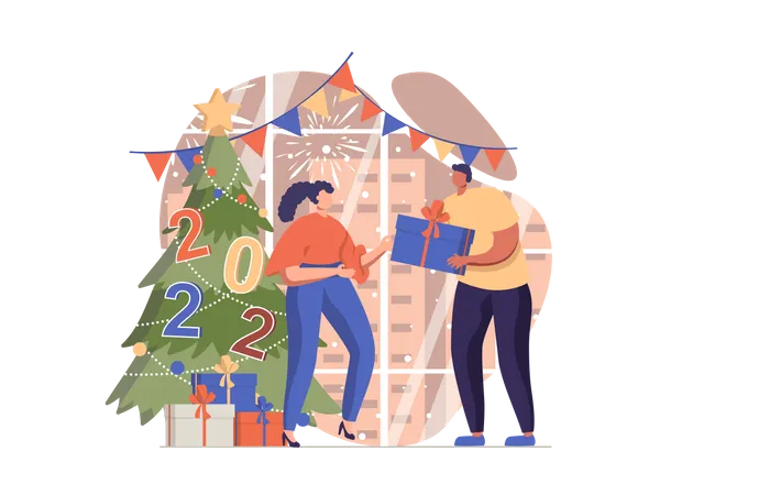 Man Giving New Year Gifts To Girl  Illustration