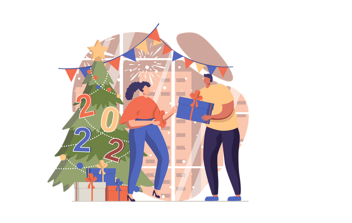 Man Giving New Year Gifts To Girl  Illustration