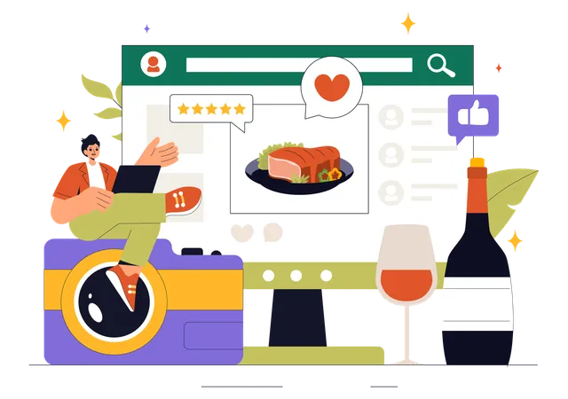 Man giving online food reivew  Illustration