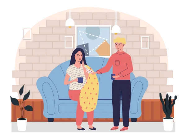 Guy Gives Girl Pills And Treats Her Self Medicating Couple Drinking Tea And Spending Time Together At Home Prevention Of Spread Of Colds And Coronavirus Sick Woman Is Undergoing Treatment イラスト