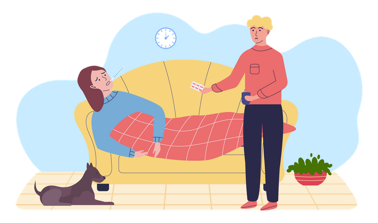 Man giving pills to sick woman and checking temperature Illustration