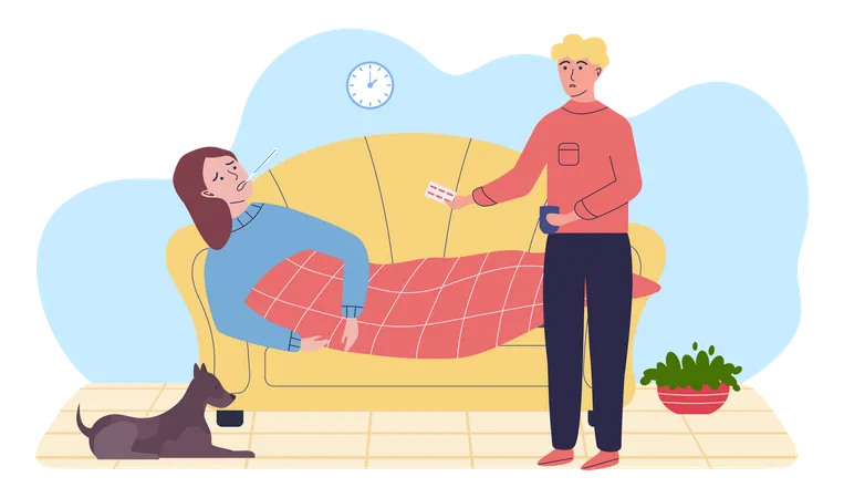 Man Giving Pills To Sick Woman Protect Human Health Concept Female Character Lies With Thermometer Prevention Of Spread Of Colds And Coronavirus Girl Measures Temperature Vector Illustration Illustration