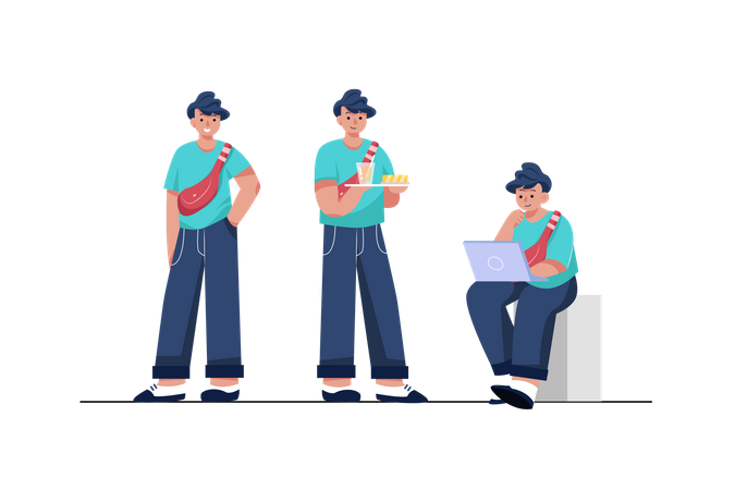 Man giving poses of working and eating Illustration