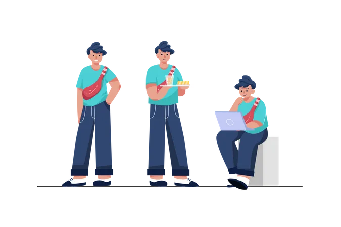 Man giving poses of working and eating  Illustration