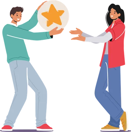 Virtual Communication In Networks Concept Man Giving Big Gold Star To Female Character Like Good Rating And Positive Feedback Follower In Social Media Community Cartoon People Vector Illustration Illustration