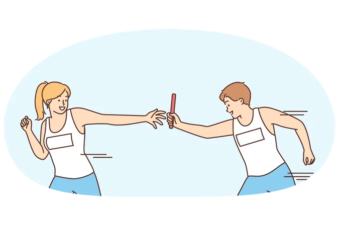 チームスポーツで時間制限のある運動をしている女性にリレー競争をさせる男性  イラスト