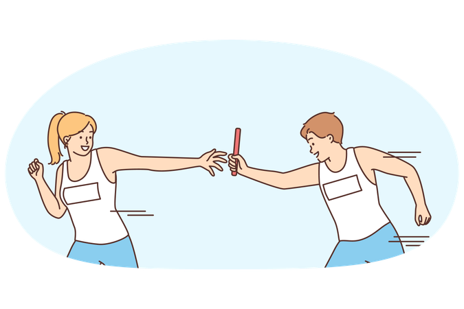 Man giving relay race to woman competing in team sport doing timed exercise  Illustration