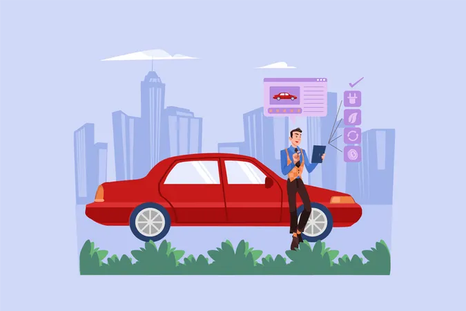 Man Giving Reviews On Electric Car  Illustration