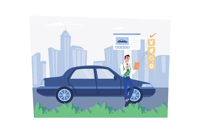Man Giving Reviews On Electric Car  Illustration