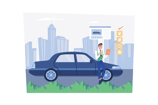 Man Giving Reviews On Electric Car  Illustration