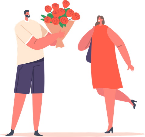 Man Giving Sumptuous Flowers Bouquet of Red Roses to Pretty Girlfriend  Illustration