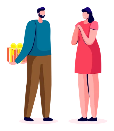Man giving surprise gift to woman  Illustration