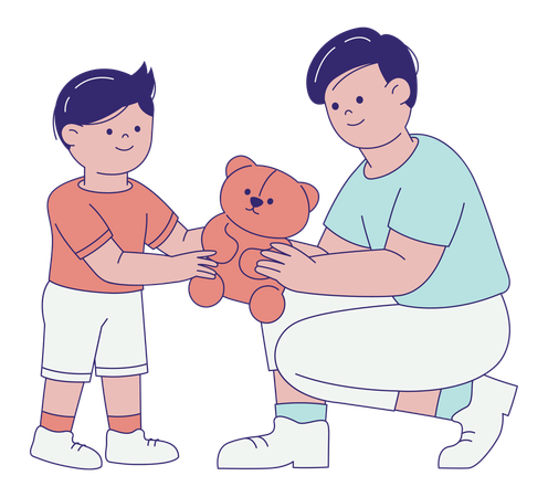 Man Giving Teddy Bear to Kid  Illustration