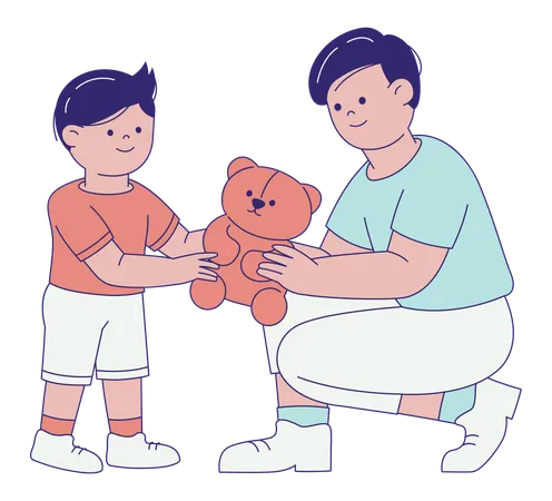 Man Giving Teddy Bear to Kid  Illustration