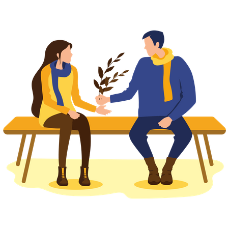 Man giving tree leaves to woman in park  Illustration
