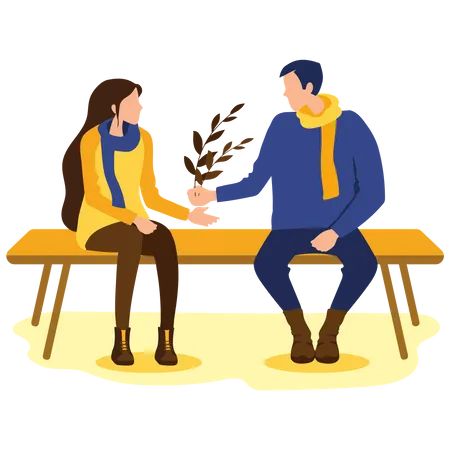 Man giving tree leaves to woman in park Illustration