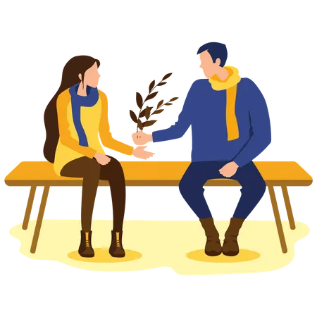 Man giving tree leaves to woman in park  Illustration