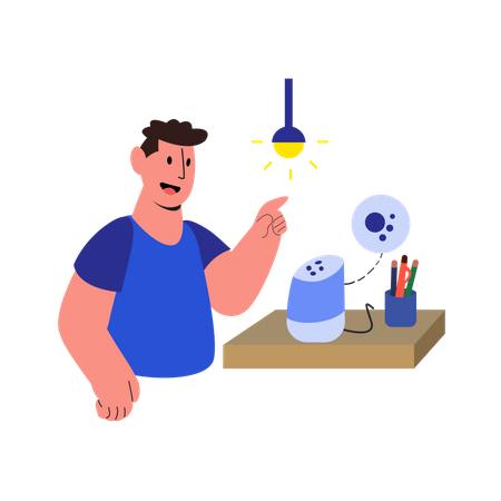 Man giving voice command for turning on lamp Illustration
