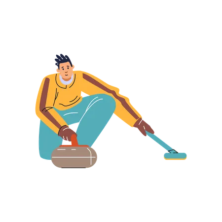 Man gliding and sliding with precision and releasing curling stone  Illustration