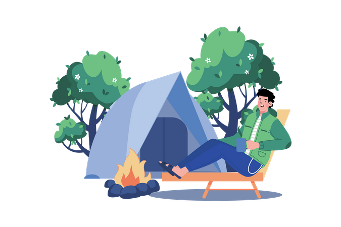 Man goes camping to enjoy nature Illustration