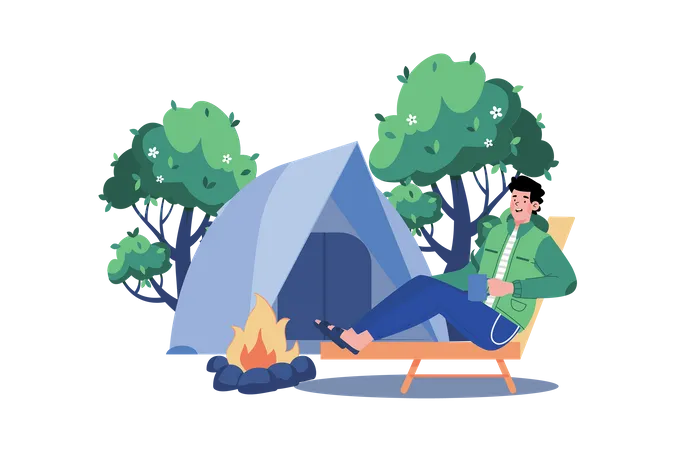 Man goes camping to enjoy nature Illustration