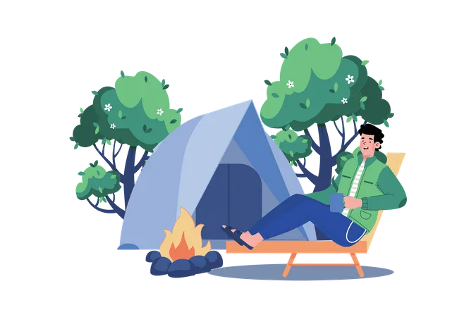 Man goes camping to enjoy nature  Illustration