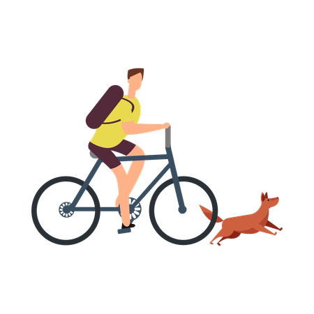 Man goes for cycling in park with his pet dog  Illustration