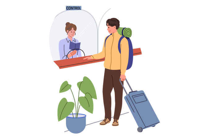 Man goes through passport control at airport crossing state border showing documents to controller  Illustration