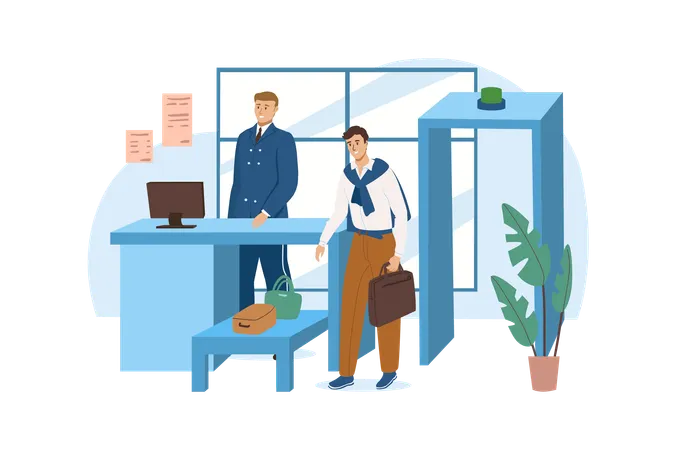 Blue Concept Airport With People Scene In The Flat Cartoon Design Man Goes To A Business Meeting By Plane Vector Illustration Illustration