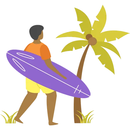 A Boy With A Surfboard Is Going Surfing Illustration