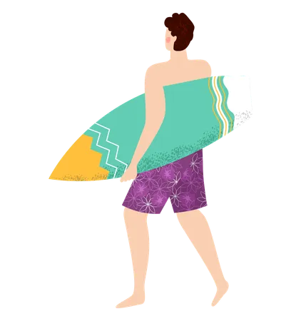 Man Holding Surfboard Back View Of Going Surfer Character Holding Board Surfing Activity Person Wearing Shirts Ocean Activity Vacation Vector Illustration