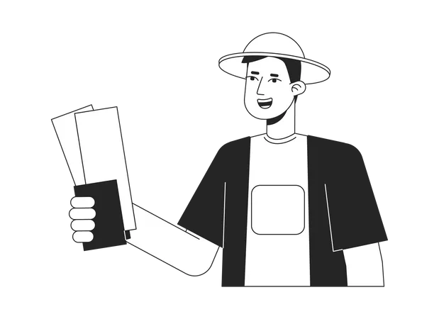 Going On Holiday Bw Vector Spot Illustration Happy Traveler Holding Boarding Pass With Passport 2 D Cartoon Flat Line Monochromatic Character For Web UI Design Editable Isolated Outline Hero Image Illustration