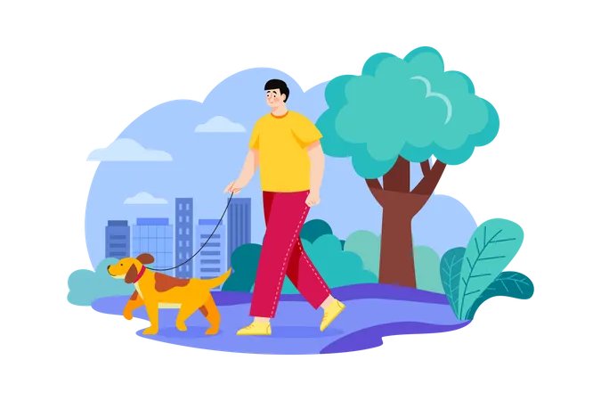 Man going on morning walk with dog  Illustration
