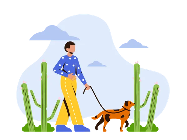 Man going on morning walk with his dog Illustration