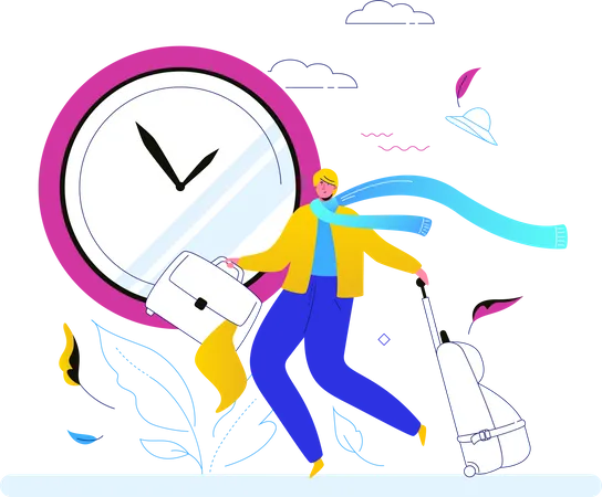 Going On Vacation Colorful Flat Design Style Illustration On White Background High Quality Composition With A Male Character Cute Boy With Baggage Running Big Clock Traveling Concept Illustration