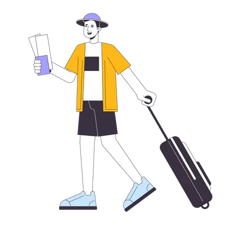 Going On Vacation Flat Line Vector Spot Illustration Asian Traveler Carrying Baggage 2 D Cartoon Outline Character On White For Web UI Design Airport Travelling Editable Isolated Colorful Hero Image Illustration
