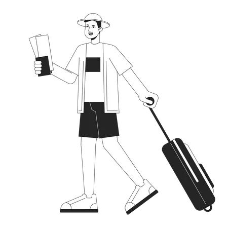 Going On Vacation Bw Vector Spot Illustration Asian Traveler Carrying Baggage 2 D Cartoon Flat Line Monochromatic Character For Web UI Design Airport Travelling Editable Isolated Outline Hero Image Illustration