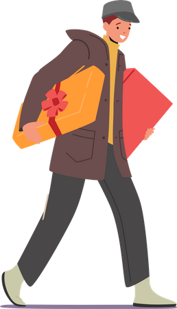 Man going to a christmas party and carrying gift boxes Illustration