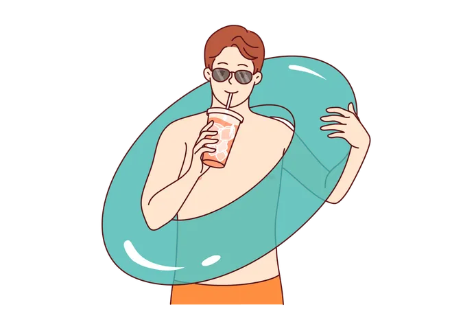 Man going to beach and drinks cold cocktail and holding inflatable swimming ring in hand  Illustration