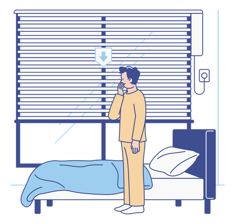 Man Going to Bed While Smart Home Blinds Close Automatically  Illustration
