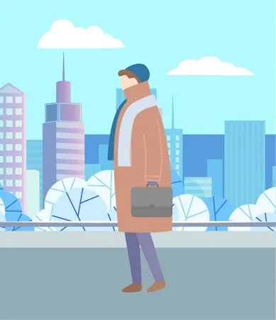 Man going to work during winter  Illustration