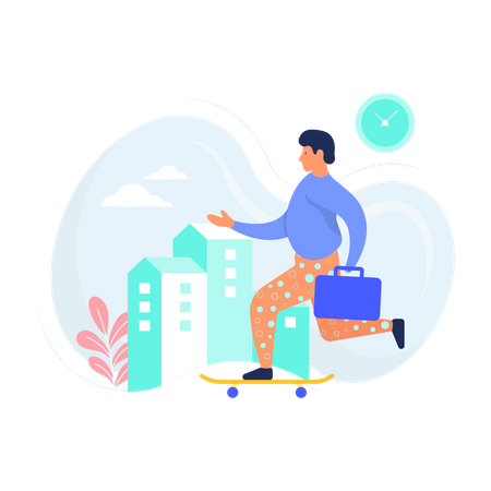 Man going to work using skateboard  Illustration