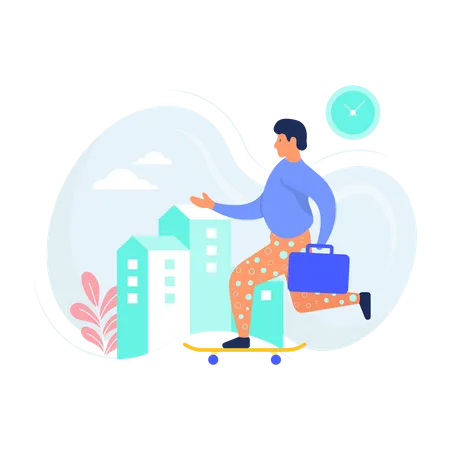 Man going to work using skateboard  Illustration