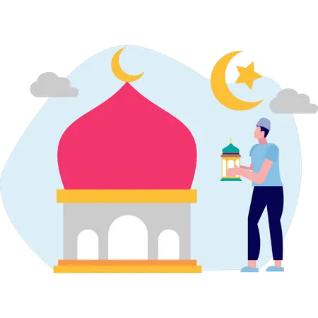 The Boy Is Going Towards The Mosque Illustration