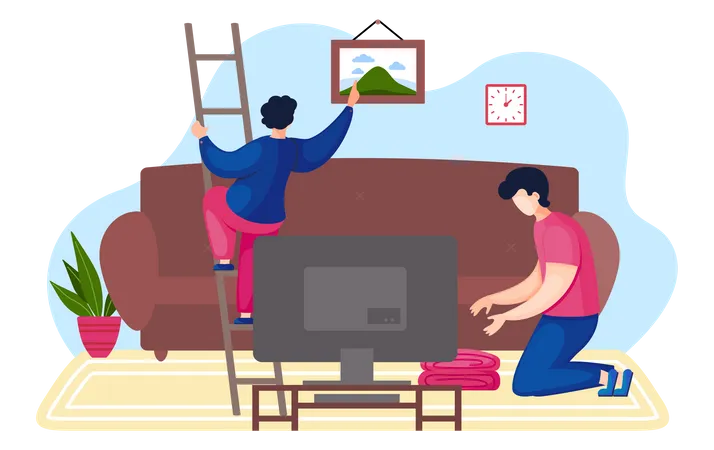 Man going up the stairs hangs a picture on the wall in the living room  Illustration