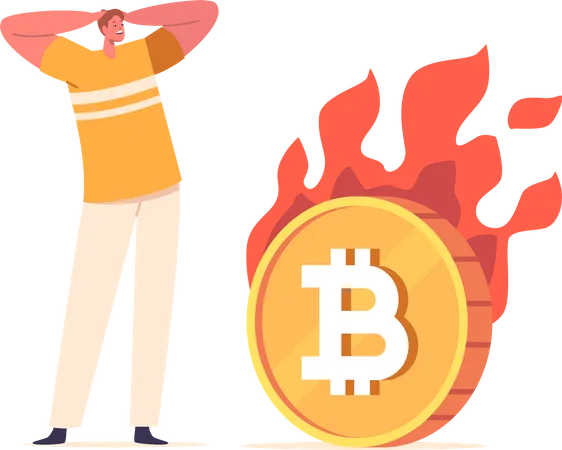 Stressed Man Watches As A Bitcoin Coin Burns Symbolizing Financial Anxiety And Potential Loss In The Volatile Cryptocurrency Market Male Character Tear Hair Cartoon People Vector Illustration Illustration